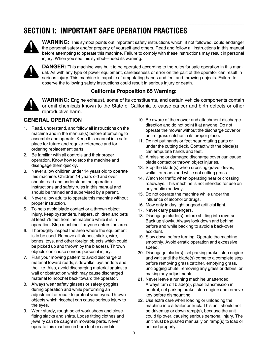 MTD 795, 792, 791, 790 manual Important Safe Operation Practices, General Operation 