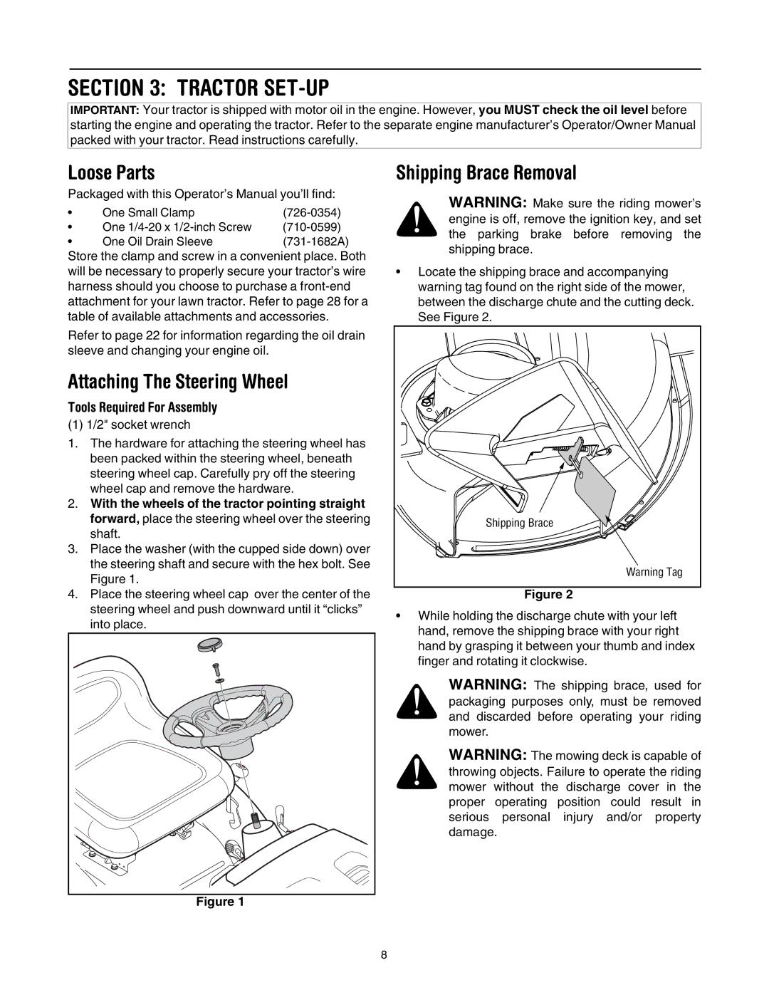 MTD 795, 792, 791, 790 manual Tractor SET-UP, Loose Parts, Attaching The Steering Wheel, Shipping Brace Removal 