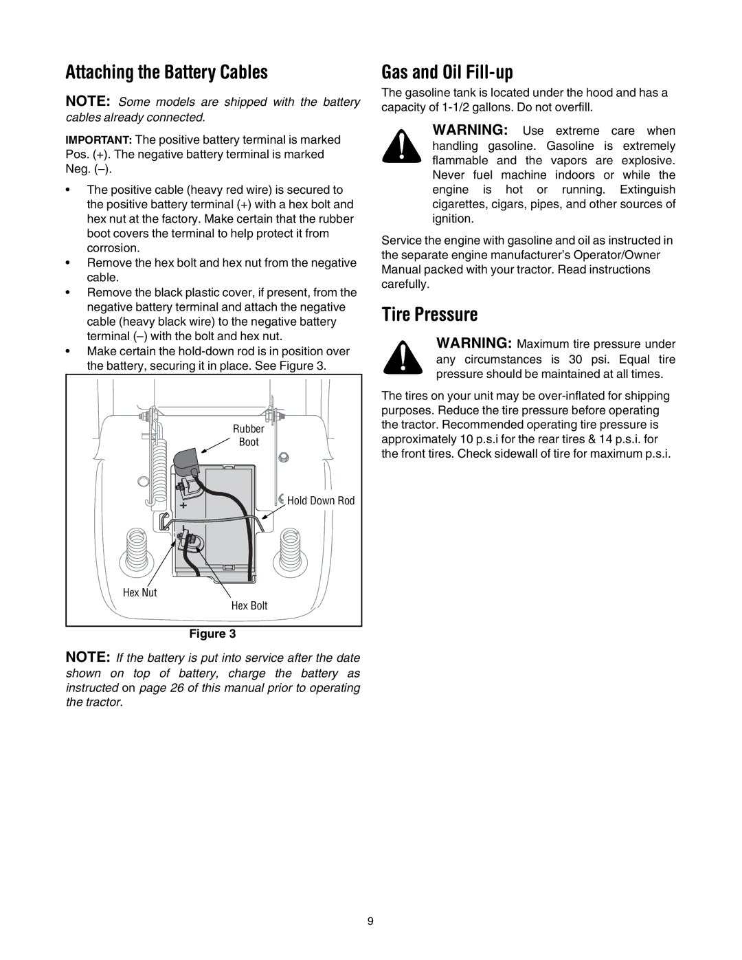 MTD 795, 792, 791, 790 manual Attaching the Battery Cables, Gas and Oil Fill-up, Tire Pressure 