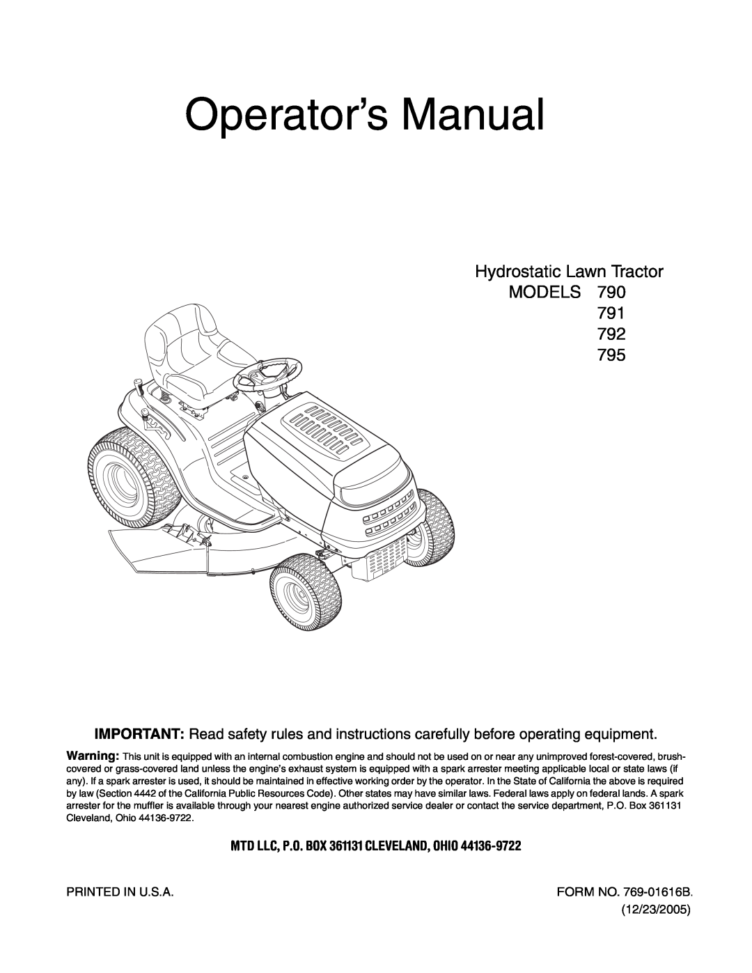 MTD 795, 792, 791, 790 manual MTD LLC, P.O. BOX 361131 CLEVELAND, OHIO, Operator’s Manual 