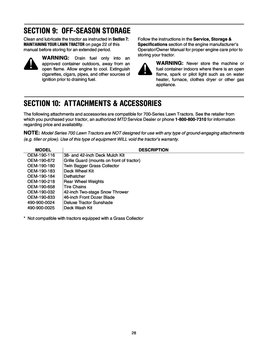 MTD 795, 792, 791, 790 manual Attachments & Accessories, Off-Season Storage, Model, Description 