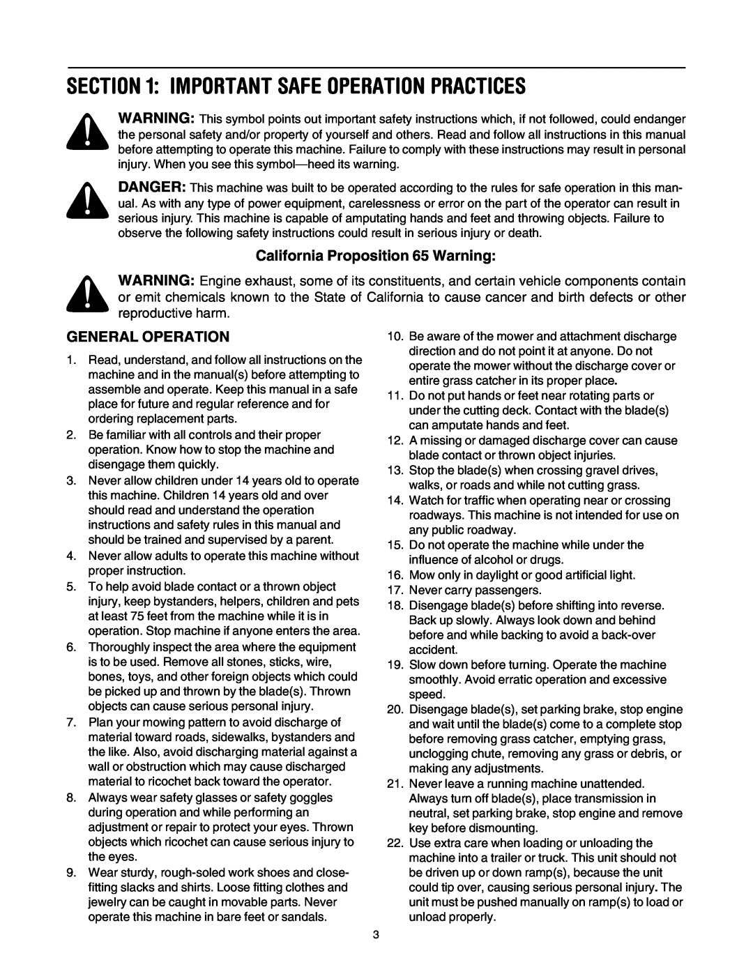 MTD 795, 792, 791, 790 manual Important Safe Operation Practices, California Proposition 65 Warning, General Operation 