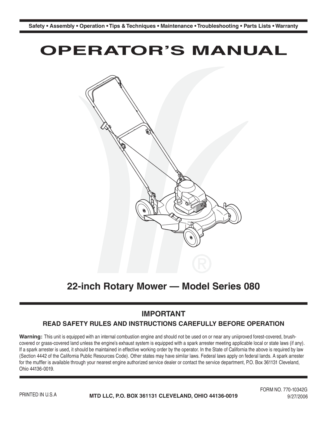 MTD 80 warranty Inch Rotary Mower Model Series, MTD LLC, P.O. BOX 361131 CLEVELAND, Ohio 