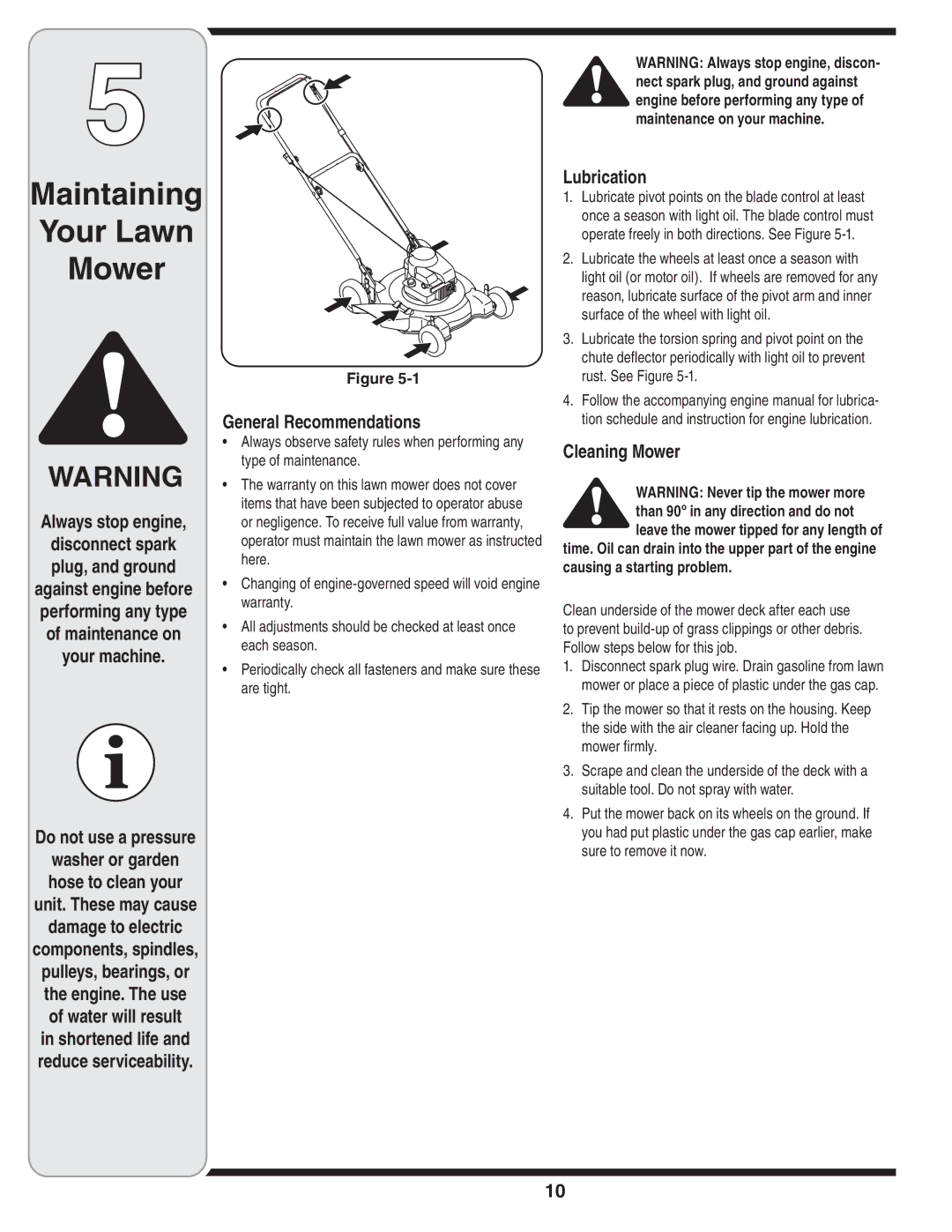 MTD 80 warranty Maintaining Your Lawn Mower, Lubrication, Always stop engine, General Recommendations, Cleaning Mower 