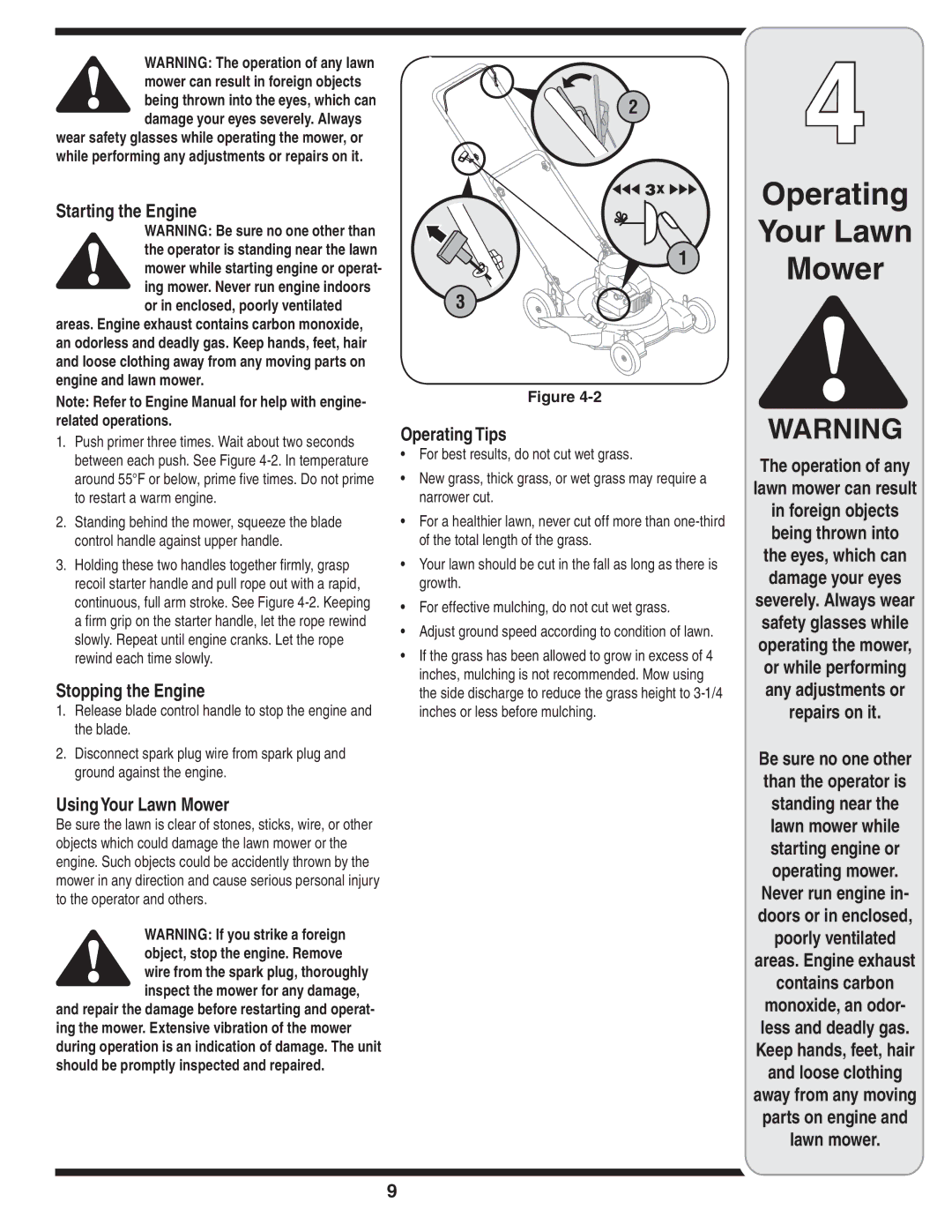 MTD 80 warranty Starting the Engine, Stopping the Engine, Using Your Lawn Mower, Operating Tips 