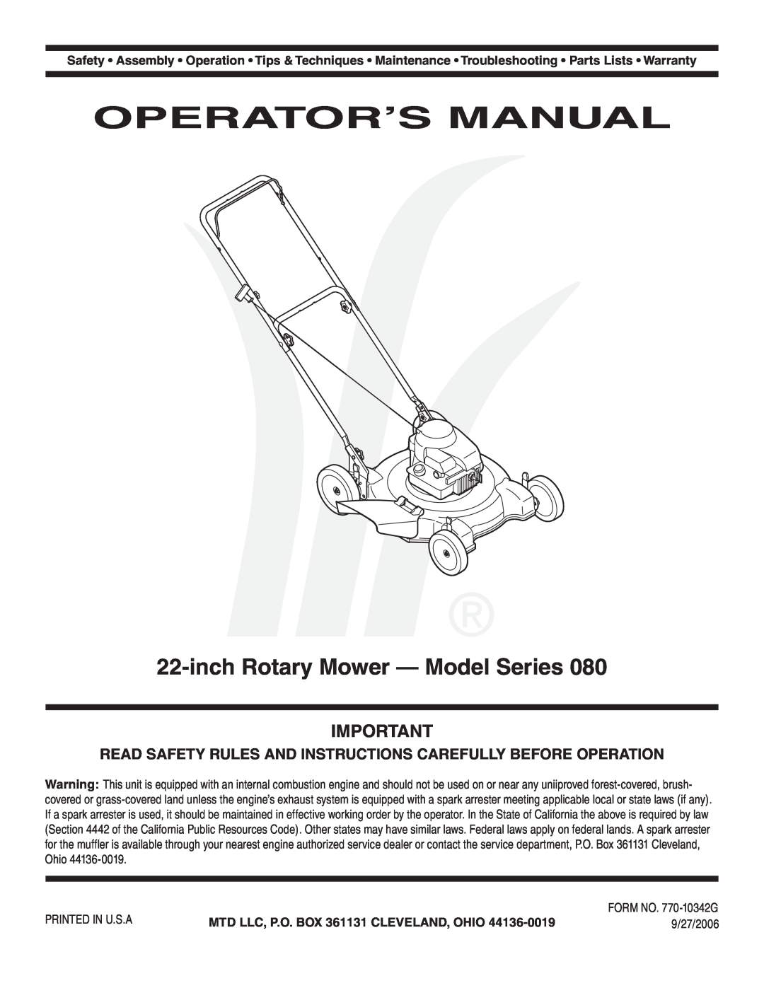 MTD 80 warranty Operator’S Manual, inch Rotary Mower - Model Series, MTD LLC, P.O. BOX 361131 CLEVELAND, OHIO 