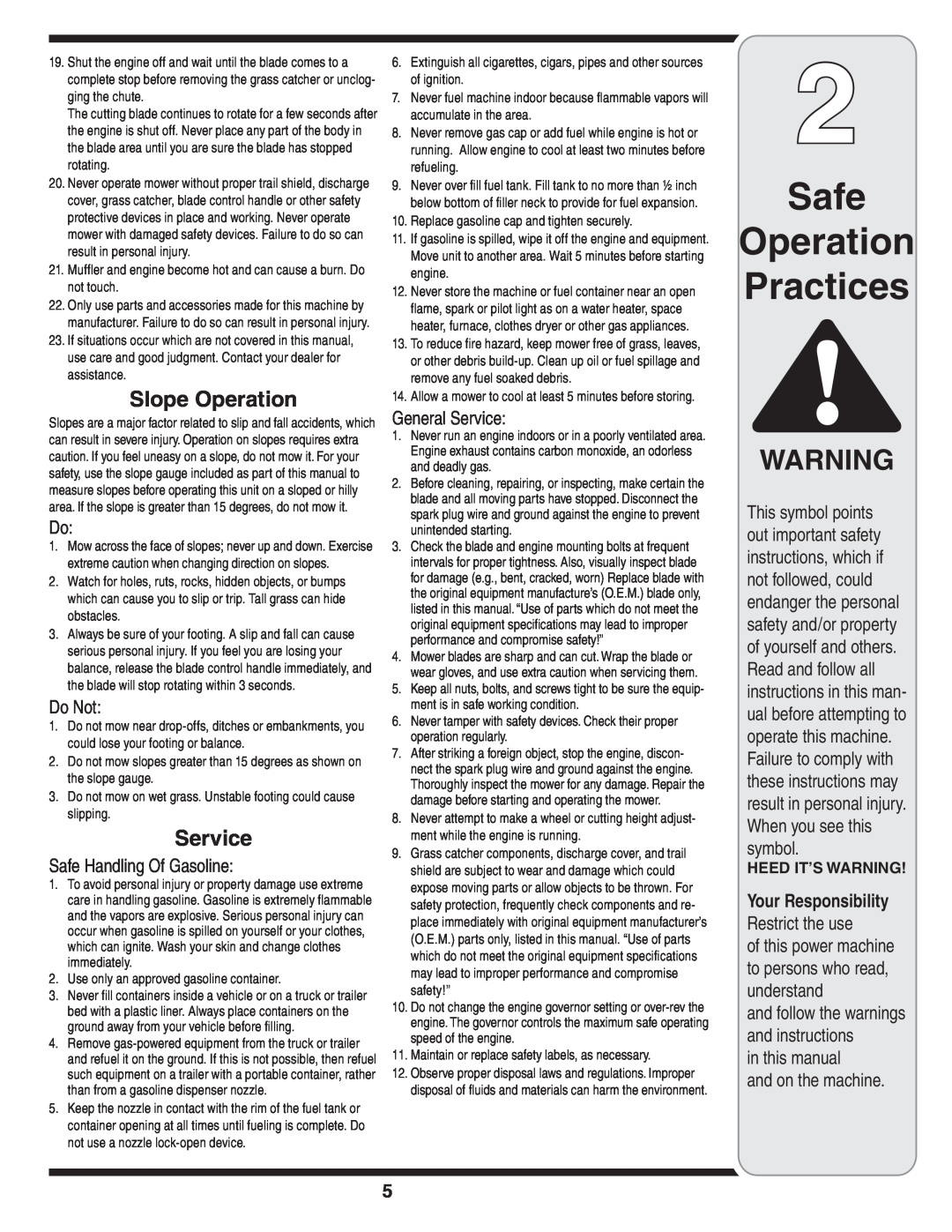 MTD 80 Safe Operation Practices, Slope Operation, Do Not, Safe Handling Of Gasoline, General Service, Restrict the use 