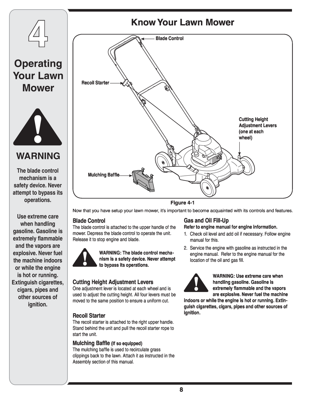 MTD 80 Operating Your Lawn Mower, Know Your Lawn Mower, The blade control mechanism is a, Use extreme care when handling 