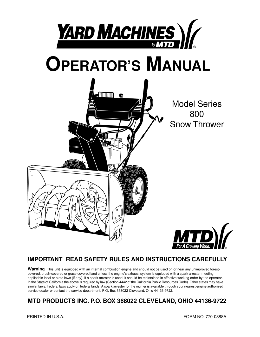 MTD 800 manual OPERATOR’S Manual 