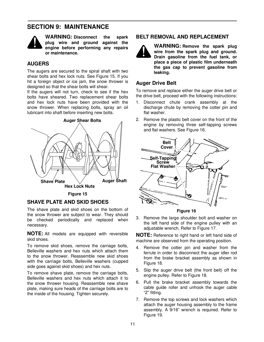 MTD 800 manual Maintenance, Augers, Shave Plate and Skid Shoes, Belt Removal and Replacement, Auger Drive Belt 