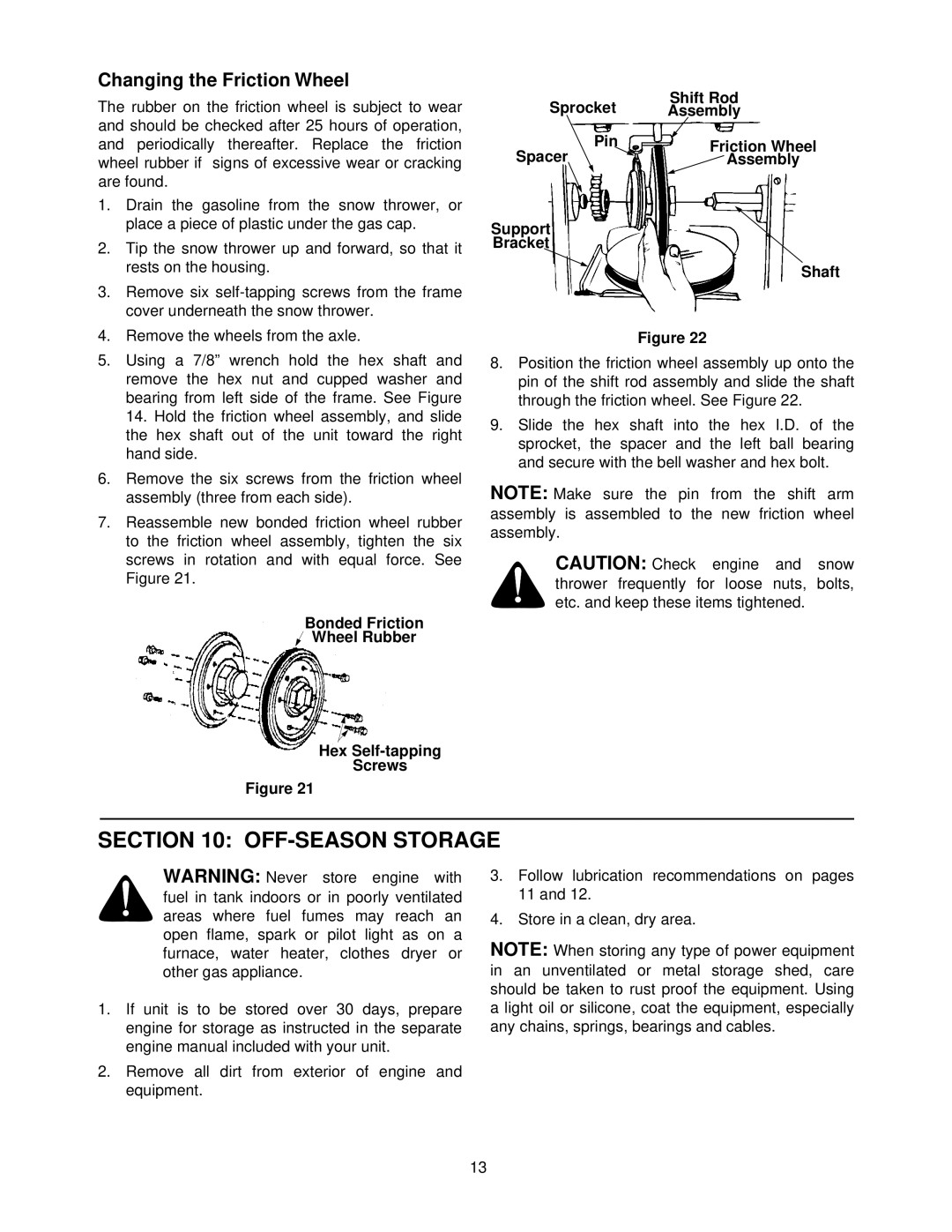 MTD 800 manual OFF-SEASON Storage, Changing the Friction Wheel, Support Bracket Shaft 