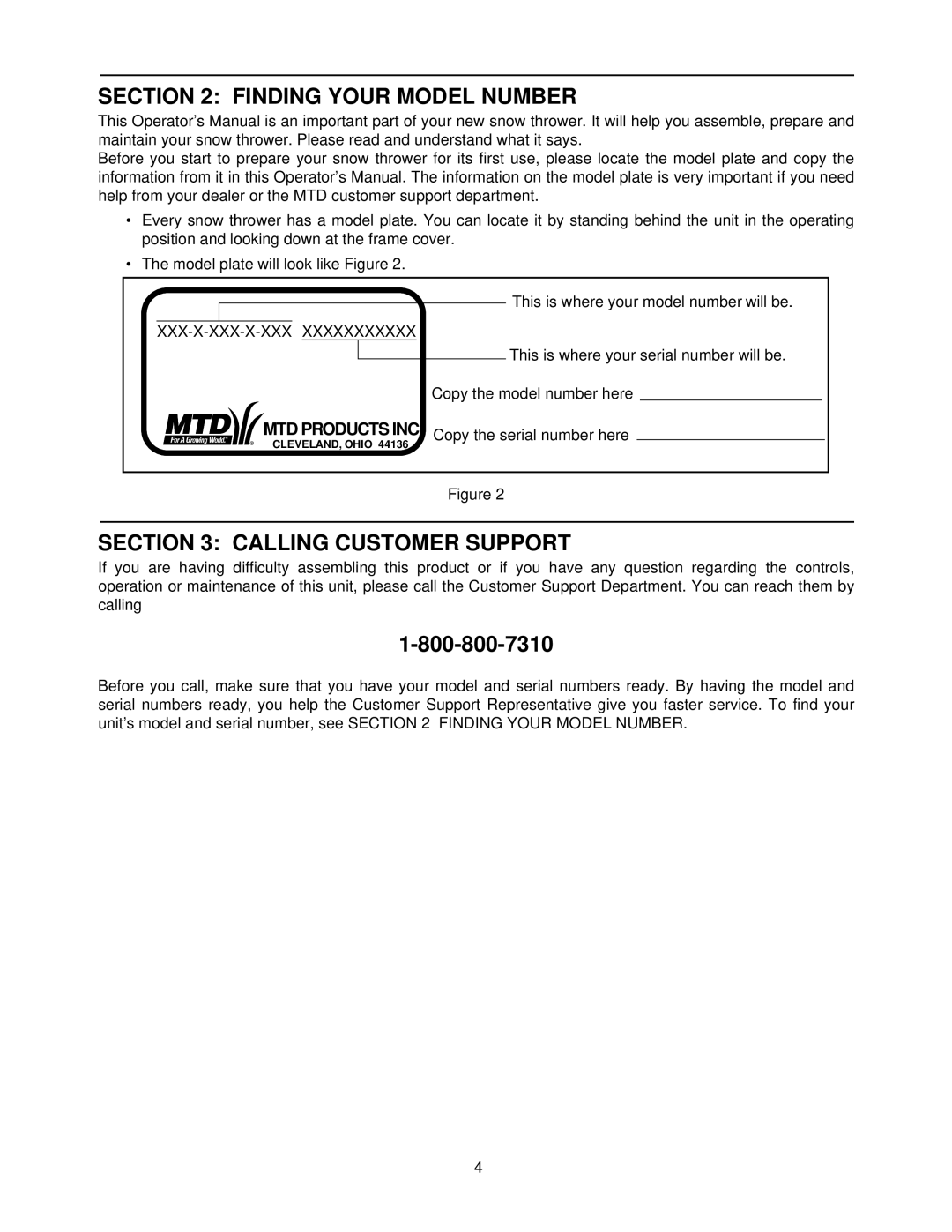 MTD 800 manual Finding Your Model Number, Calling Customer Support 