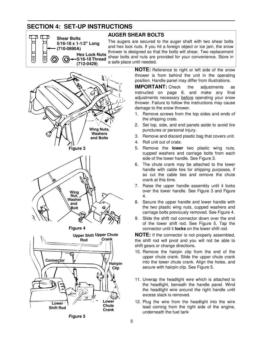 MTD 800 manual SET-UP Instructions, Auger Shear Bolts 