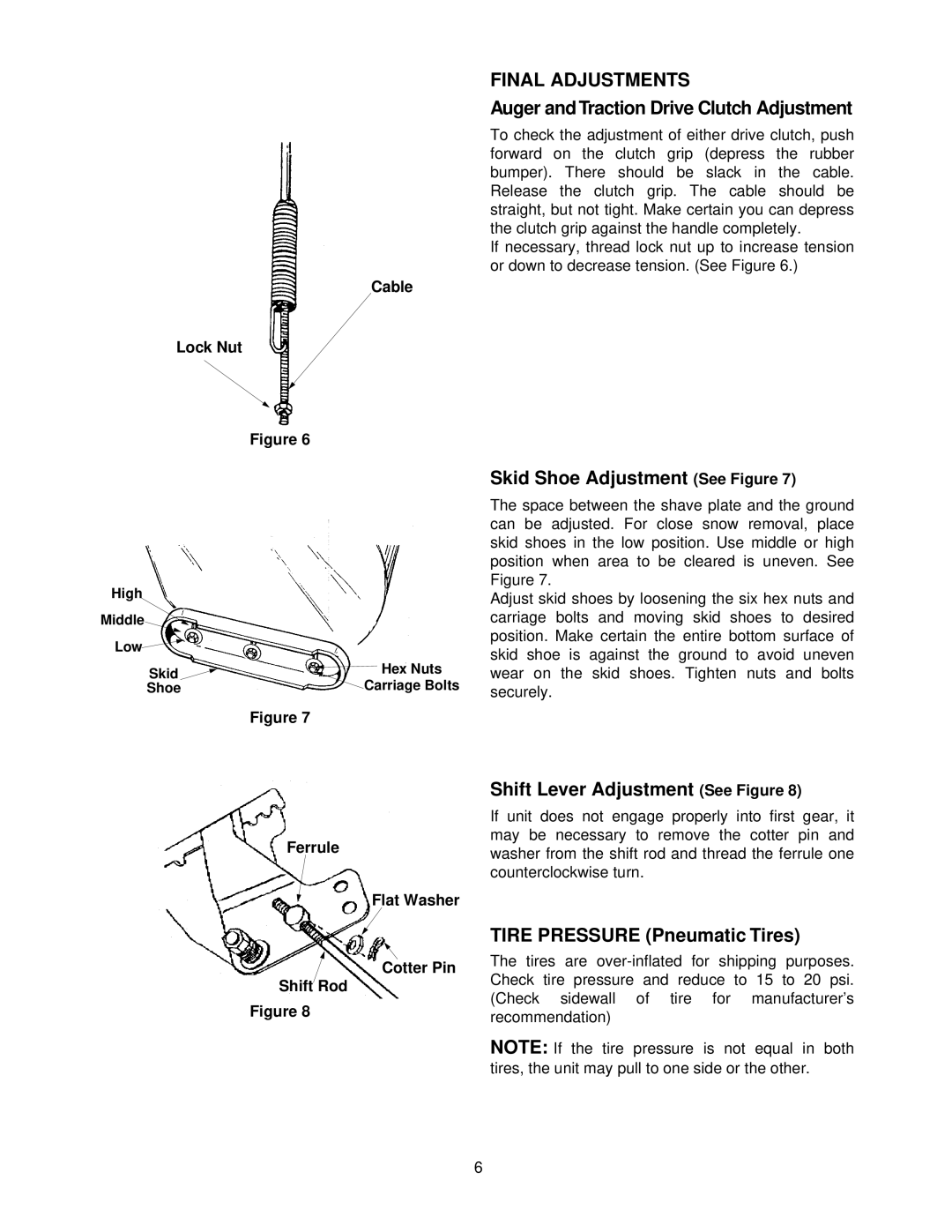 MTD 800 manual Final Adjustments, Auger and Traction Drive Clutch Adjustment, Skid Shoe Adjustment See Figure 