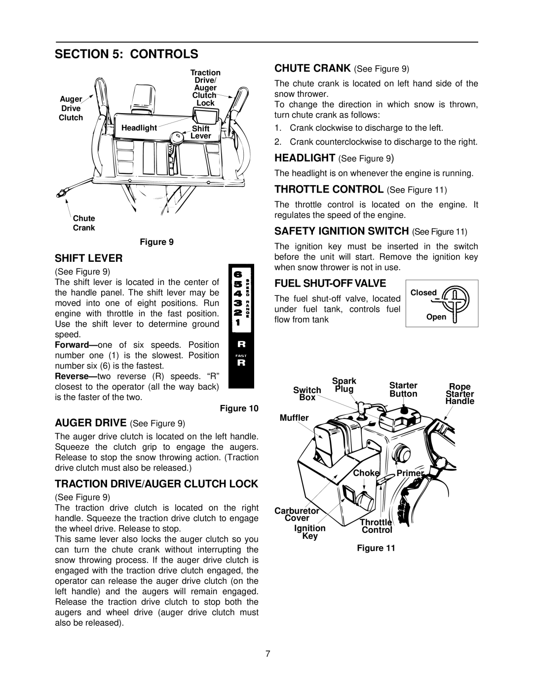 MTD 800 manual Controls, Shift Lever, Traction DRIVE/AUGER Clutch Lock, Fuel SHUT-OFF Valve 