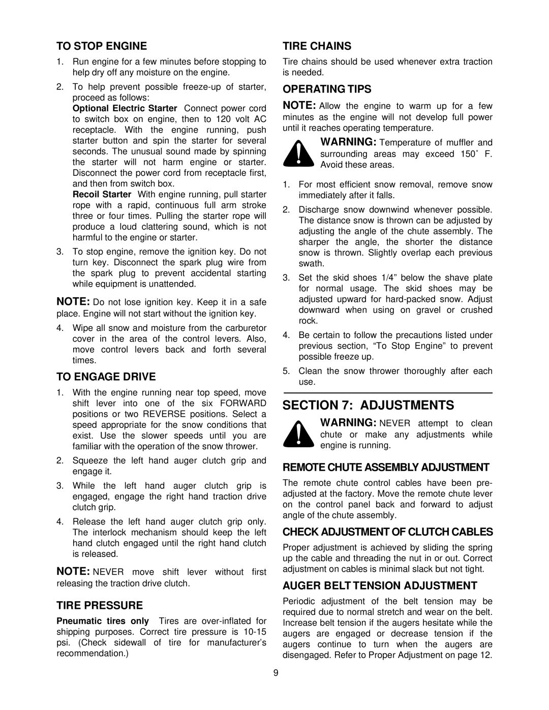 MTD 800 manual Adjustments 