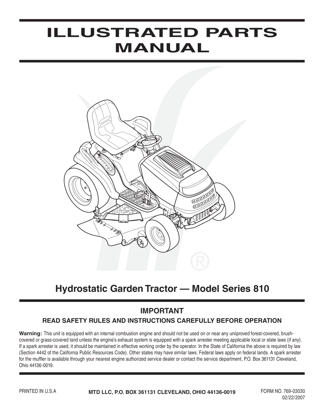 MTD 810 manual Illustrated Parts Manual 