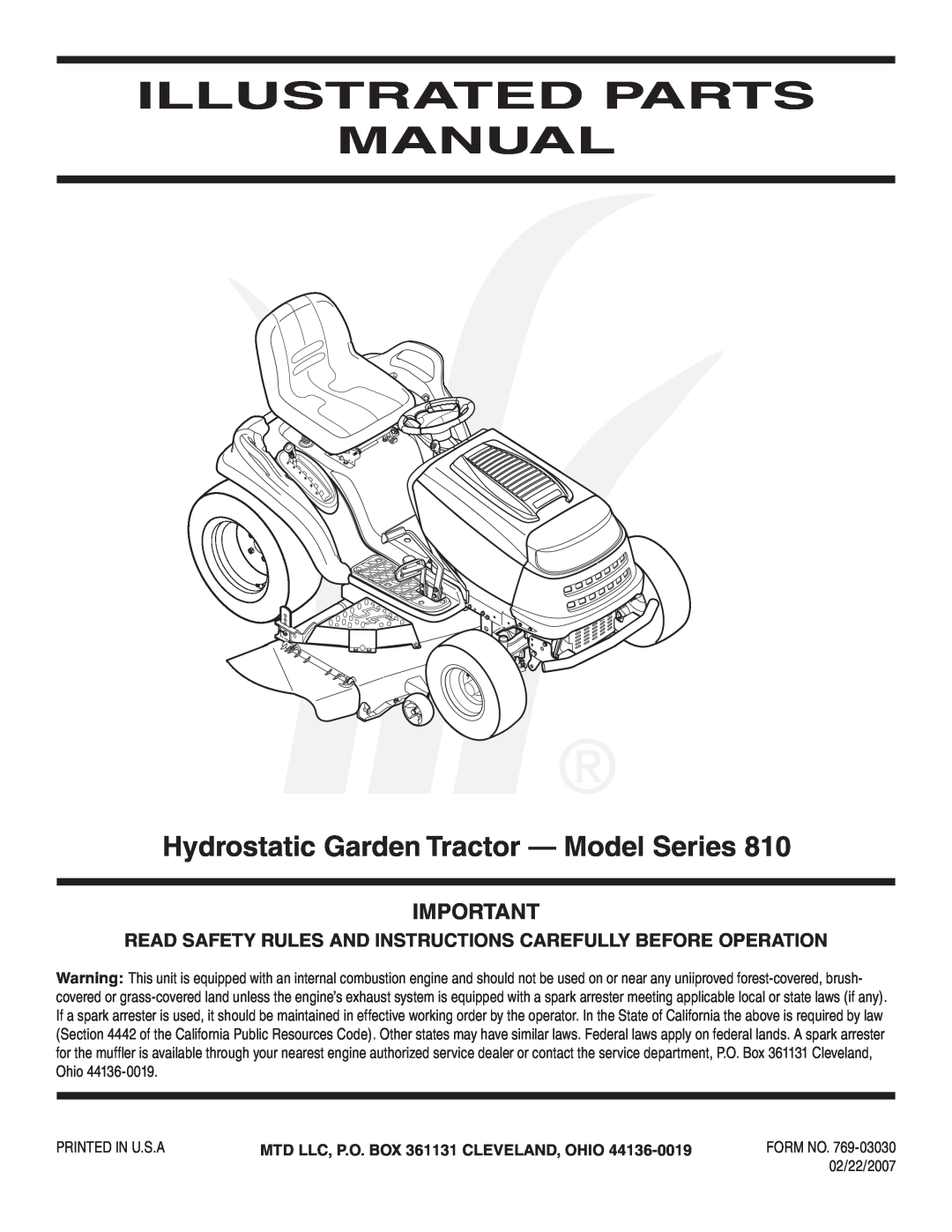 MTD 810 manual Read Safety Rules And Instructions Carefully Before Operation, MTD LLC, P.O. BOX 361131 CLEVELAND, OHIO 