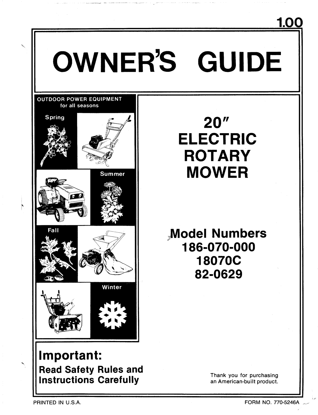 MTD 18070C, 82-0629, 186-070-000 manual 