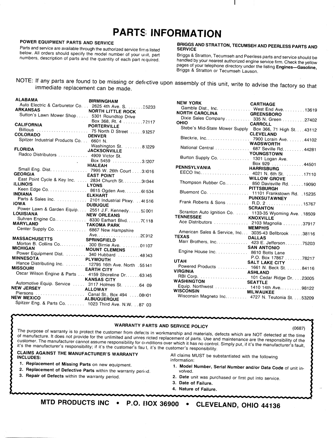 MTD 82-0664 manual 