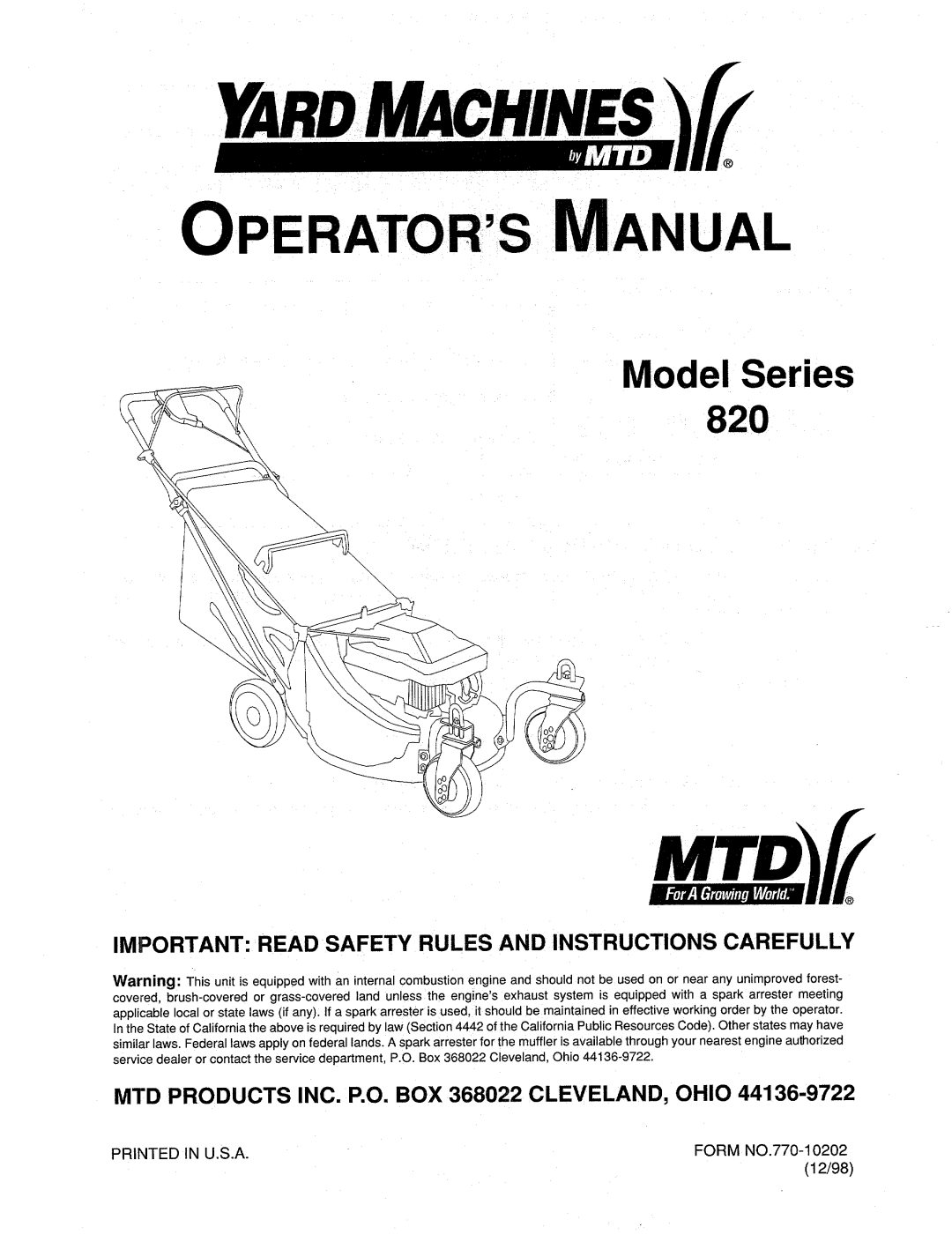 MTD 820 manual 