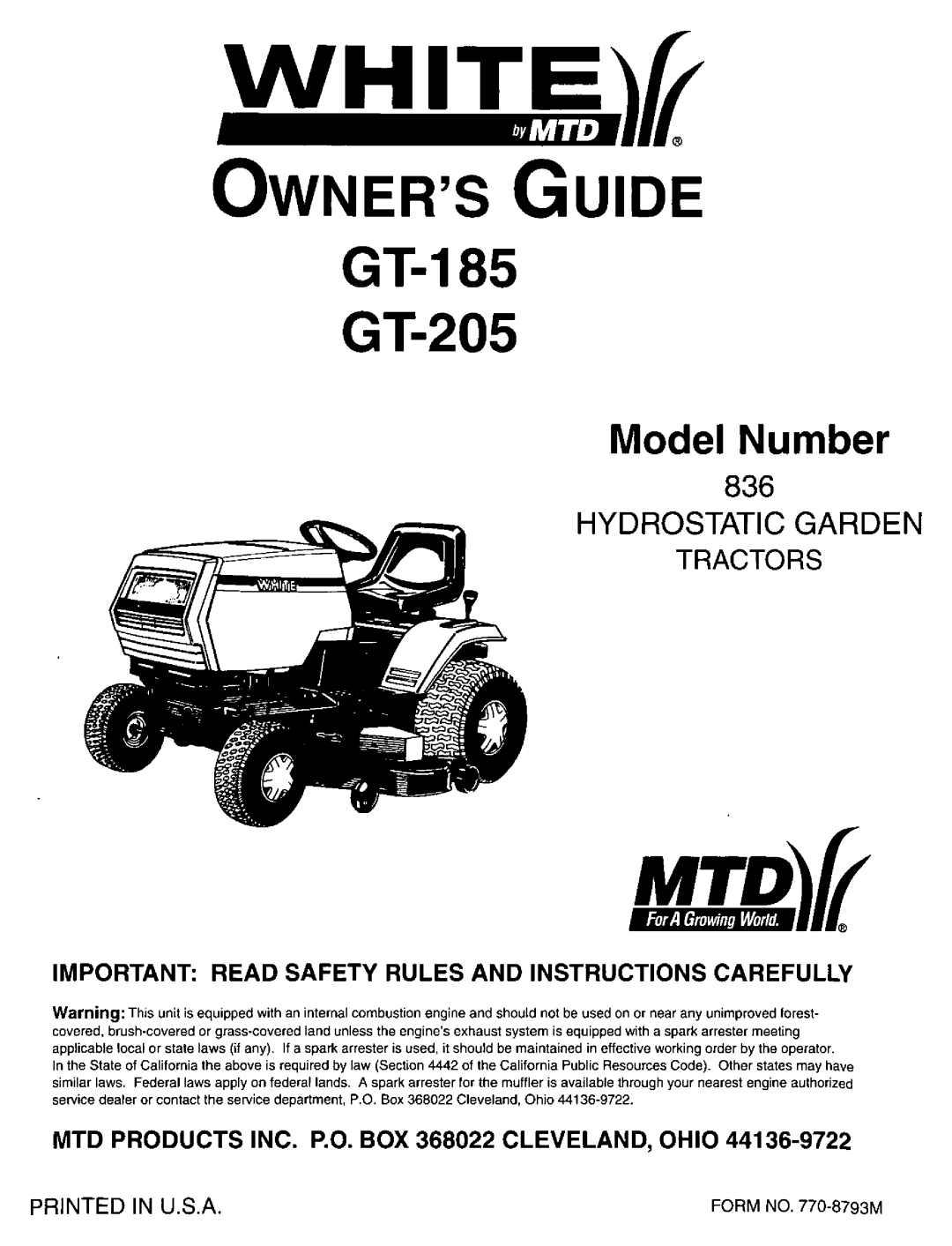 MTD GT-185, 836, GT-205 manual 