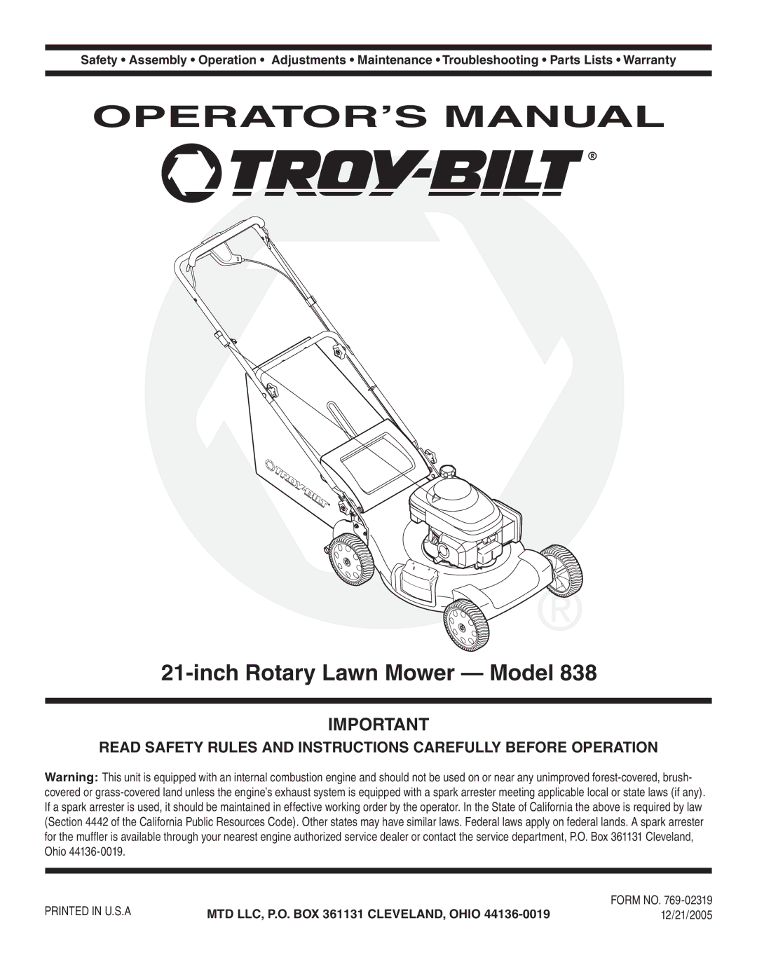 MTD 838 warranty Inch Rotary Lawn Mower Model, 12/21/2005 