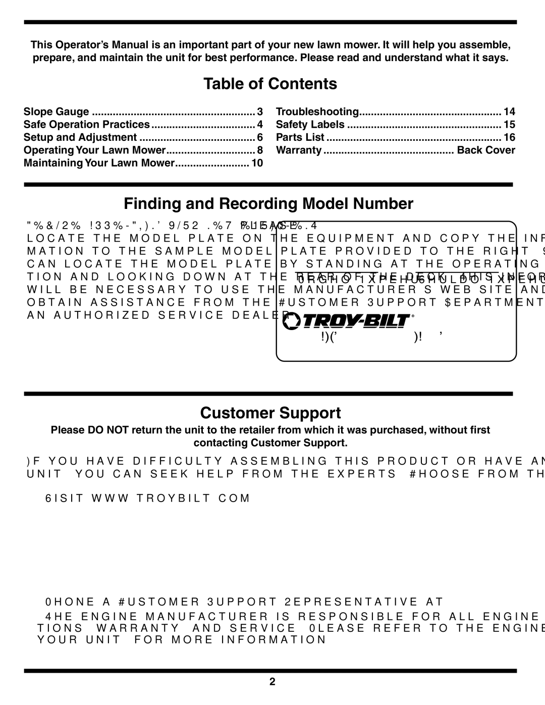 MTD 838 warranty Table of Contents, Finding and Recording Model Number, Customer Support 