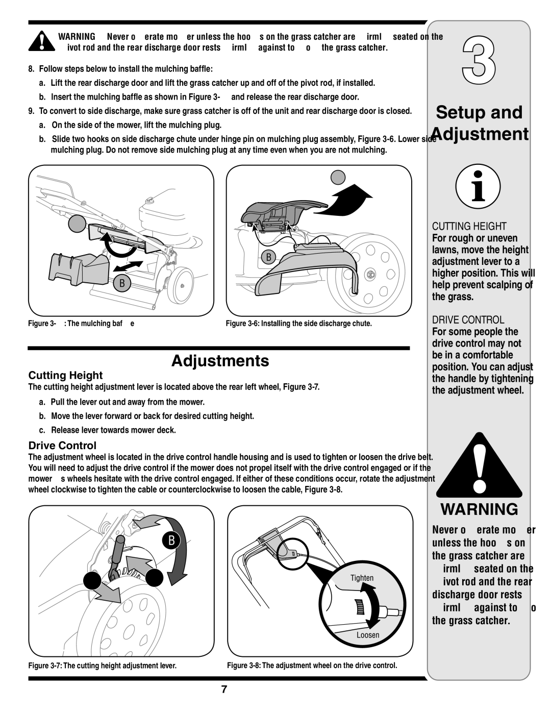 MTD 838 warranty Adjustments, Cutting Height, Drive Control, On the side of the mower, lift the mulching plug 