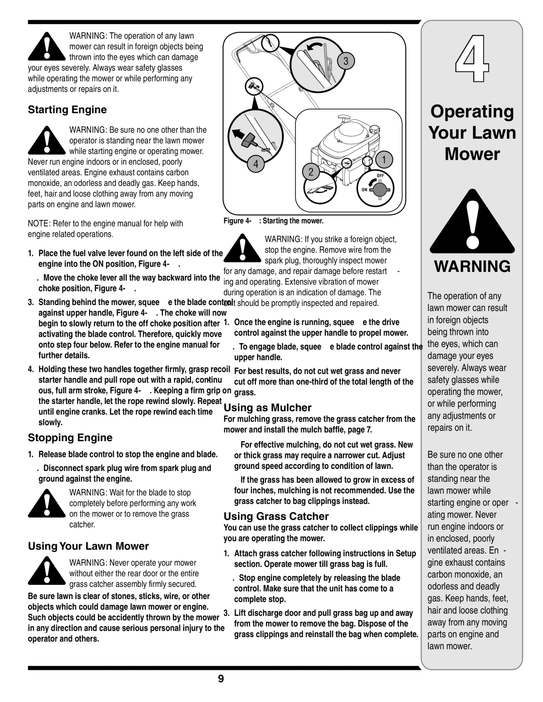 MTD 838 warranty Starting Engine, Stopping Engine, Using Your Lawn Mower, Using as Mulcher, Using Grass Catcher 