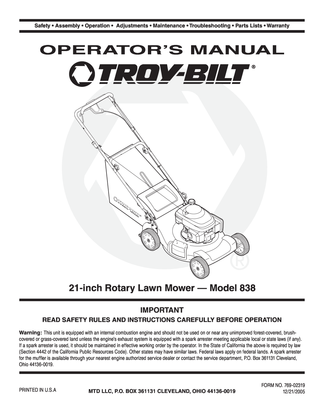 MTD 838 warranty Operator’S Manual, inch Rotary Lawn Mower - Model, MTD LLC, P.O. BOX 361131 CLEVELAND, OHIO 