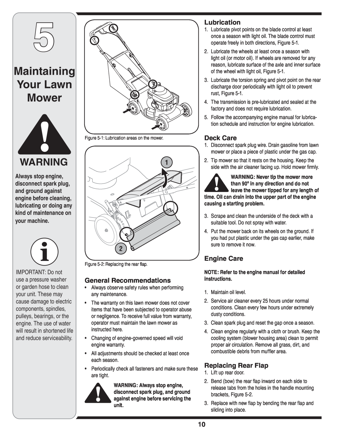 MTD 838 Maintaining Your Lawn Mower, General Recommendations, Lubrication, Deck Care, Engine Care, Replacing Rear Flap 