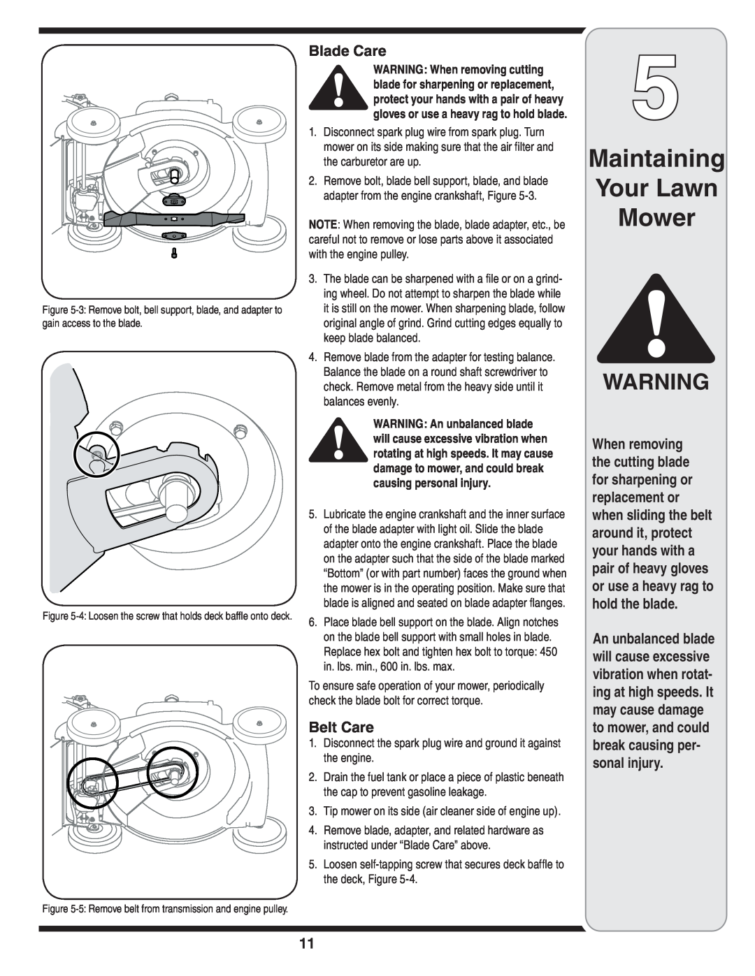 MTD 838 warranty Blade Care, Belt Care, Maintaining Your Lawn Mower 