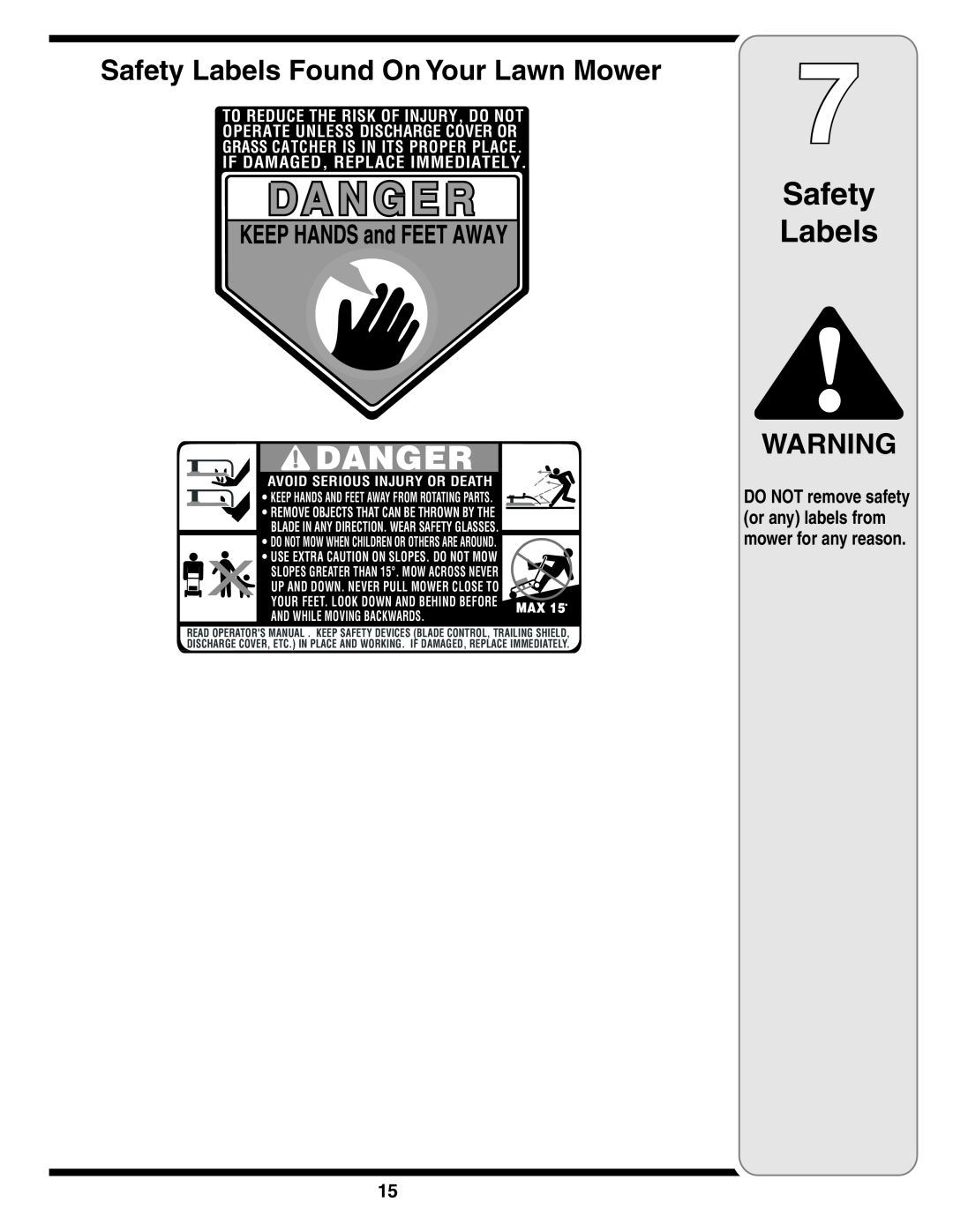 MTD 838 warranty Safety Labels Found On Your Lawn Mower, DO NOT remove safety or any labels from mower for any reason 
