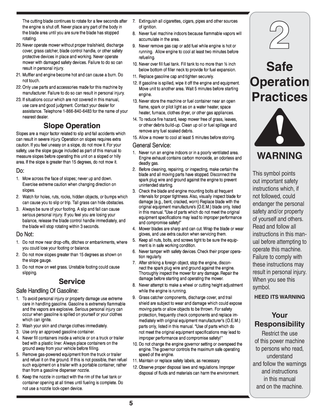 MTD 838 warranty Safe Operation Practices, Slope Operation, Do Not, Safe Handling Of Gasoline, General Service 