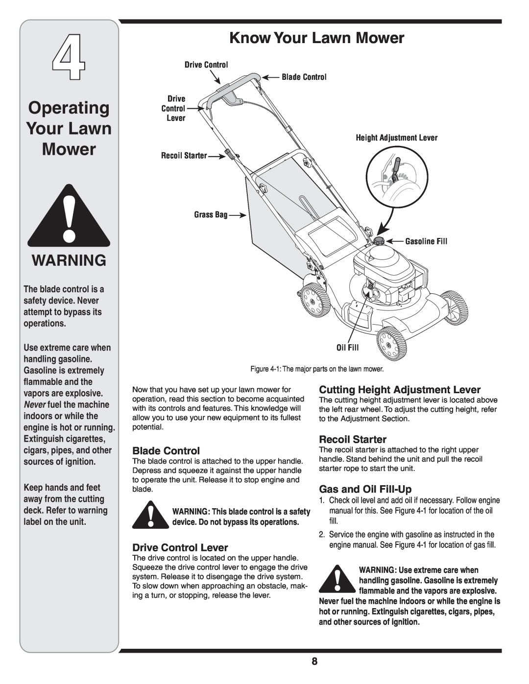 MTD 838 Operating Your Lawn Mower, Know Your Lawn Mower, Cutting Height Adjustment Lever, Blade Control, Recoil Starter 