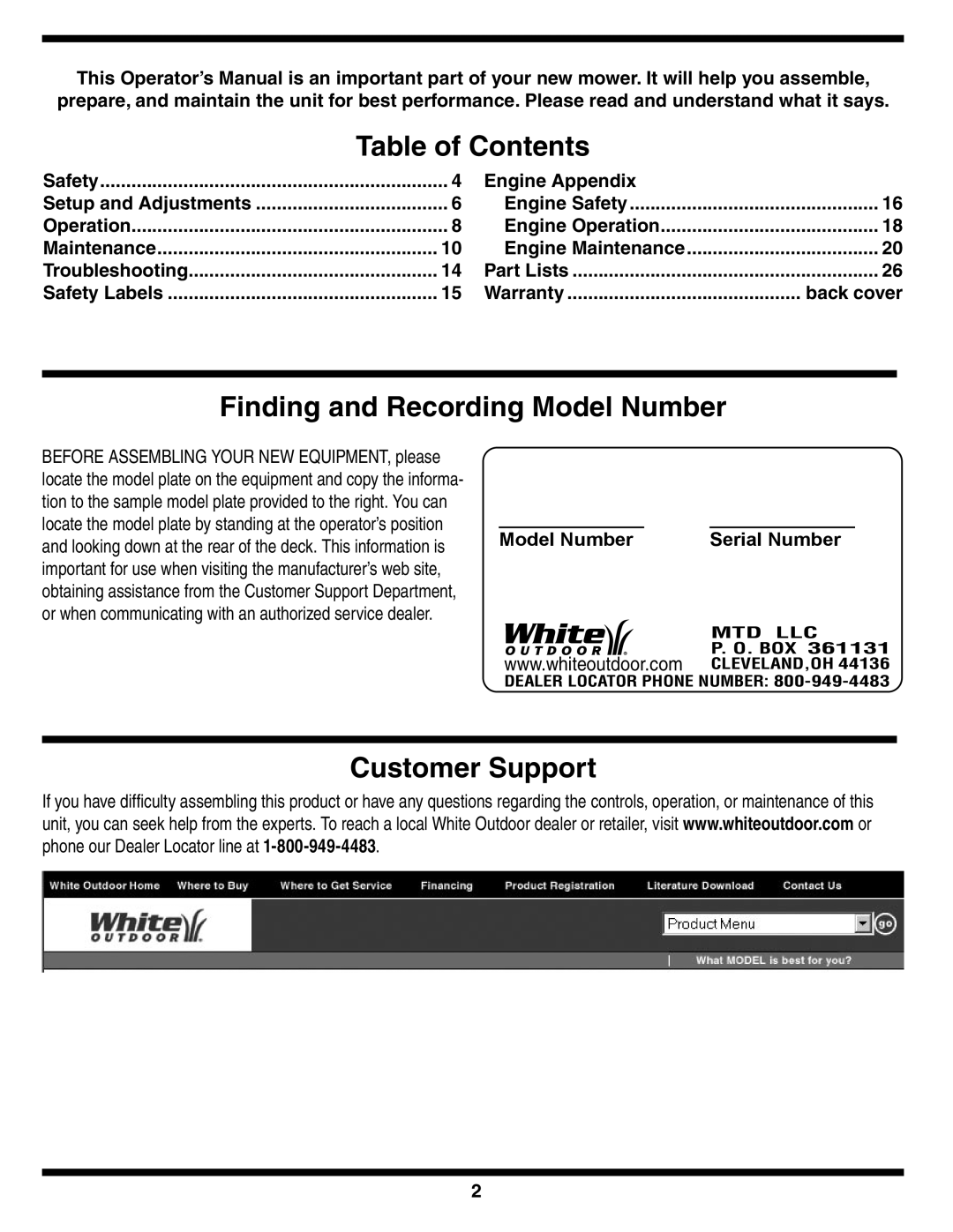 MTD 83M warranty Table of Contents, Finding and Recording Model Number, Customer Support 