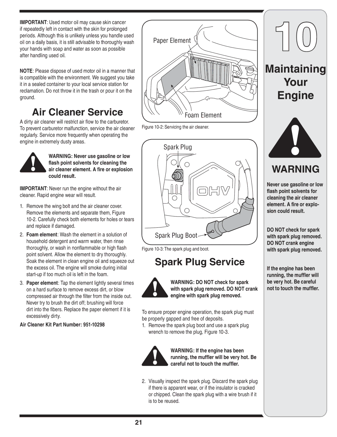 MTD 83M warranty Maintaining Your Engine, Air Cleaner Service, Spark Plug Service, Air Cleaner Kit Part Number 