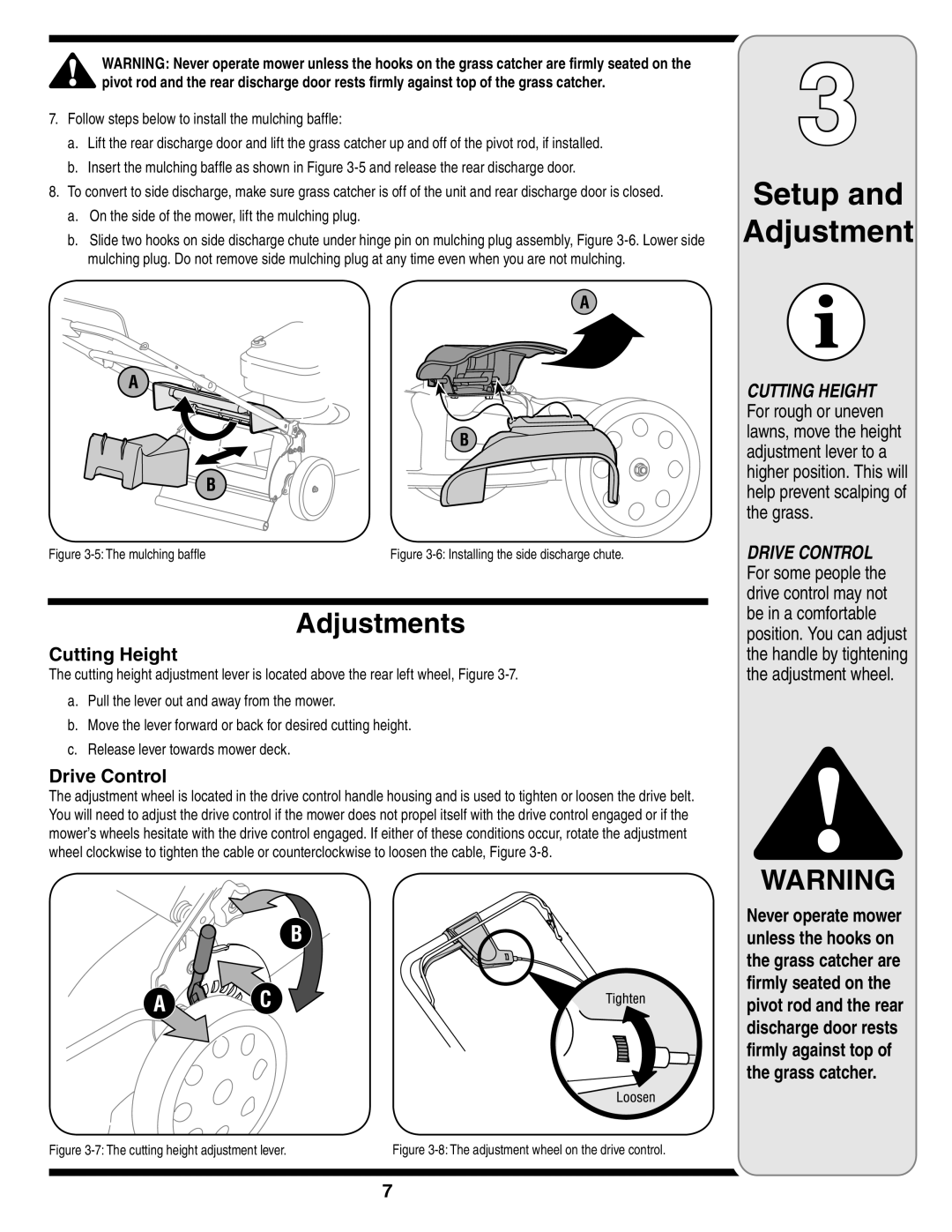 MTD 83M Setup Adjustment, Adjustments, Cutting Height, Drive Control, On the side of the mower, lift the mulching plug 