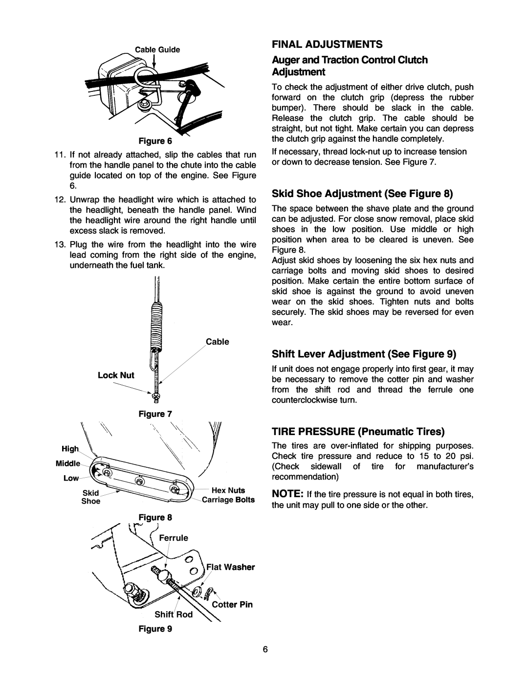 MTD 993 manual Final Adjustments, Auger and Traction Control Clutch Adjustment, Skid Shoe Adjustment See Figure 