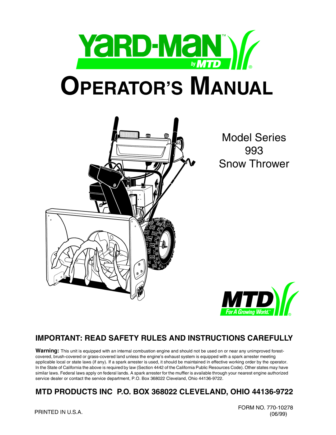 MTD 993 manual OPERATOR’S Manual 