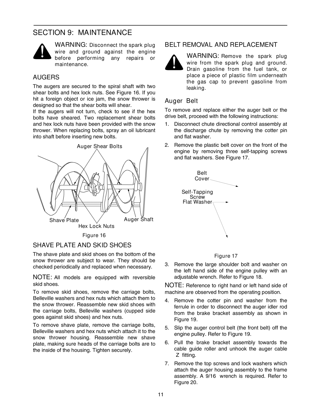 MTD 993 manual Maintenance, Augers, Shave Plate and Skid Shoes, Belt Removal and Replacement, Auger Belt 