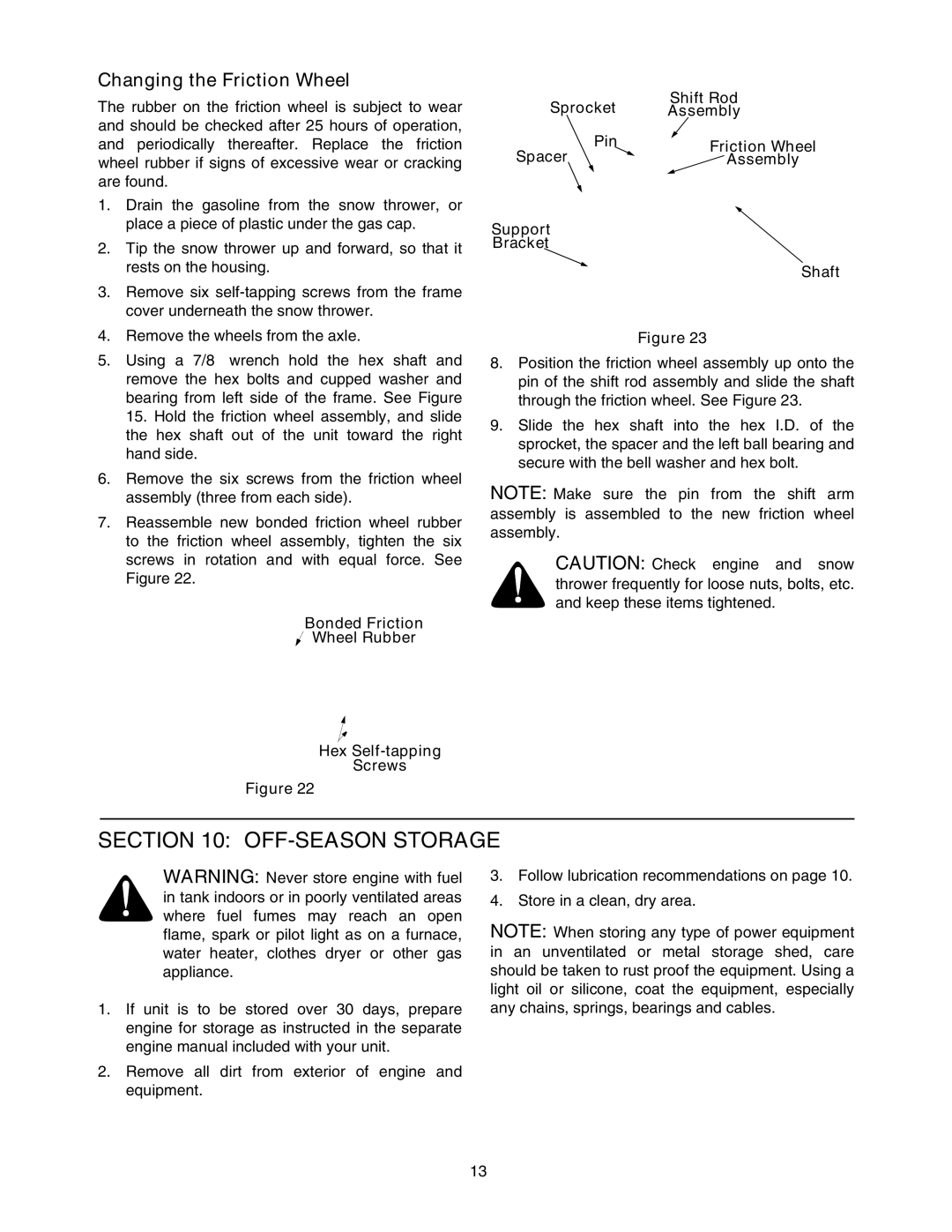 MTD 993 manual OFF-SEASON Storage, Changing the Friction Wheel, Spacer, Support Bracket Shaft 