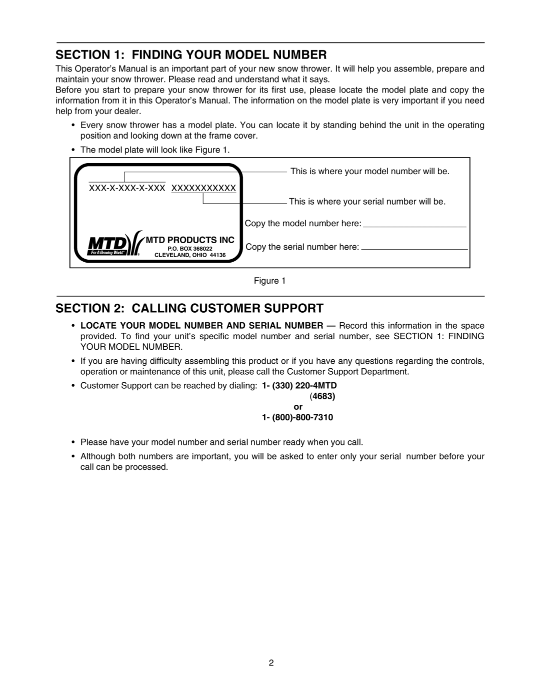 MTD 993 Finding Your Model Number, Calling Customer Support, Copy the model number here, Copy the serial number here, 4683 