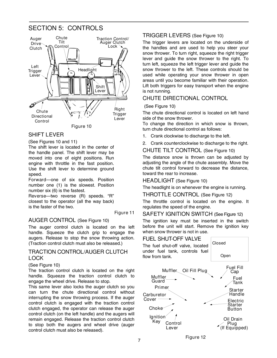 MTD 993 manual Controls, Shift Lever, Chute Directional Control, Traction CONTROL/AUGER Clutch Lock, Fuel SHUT-OFF Valve 