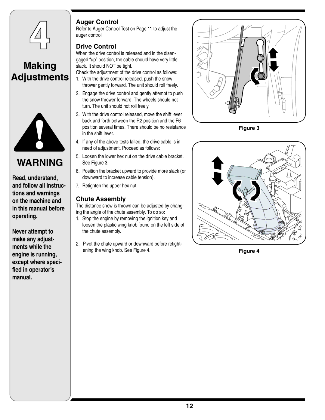 MTD D Style, C Style warranty Making Adjustments, Auger Control 