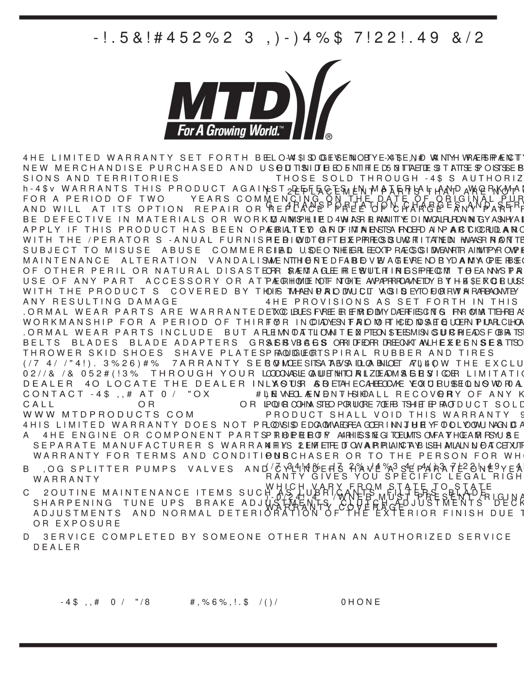 MTD D Style, C Style warranty MANUFACTURER’S Limited Warranty for 