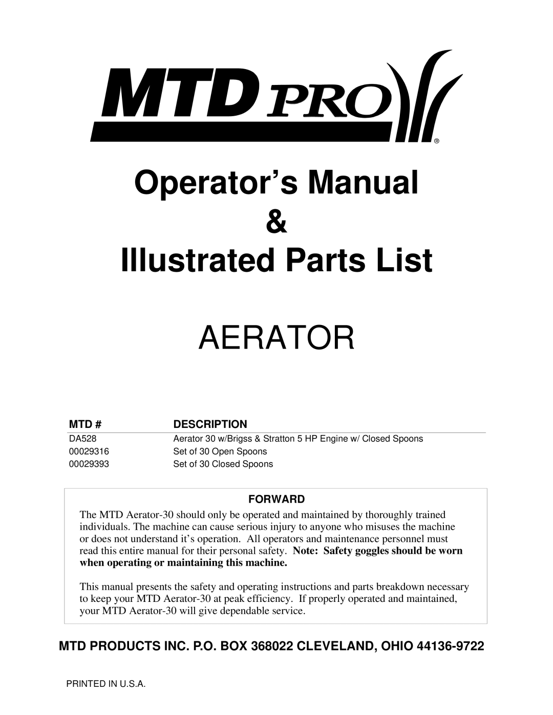 MTD DA528 operating instructions Operator’s Manual & Illustrated Parts List, Aerator, Mtd #, Description, Forward 