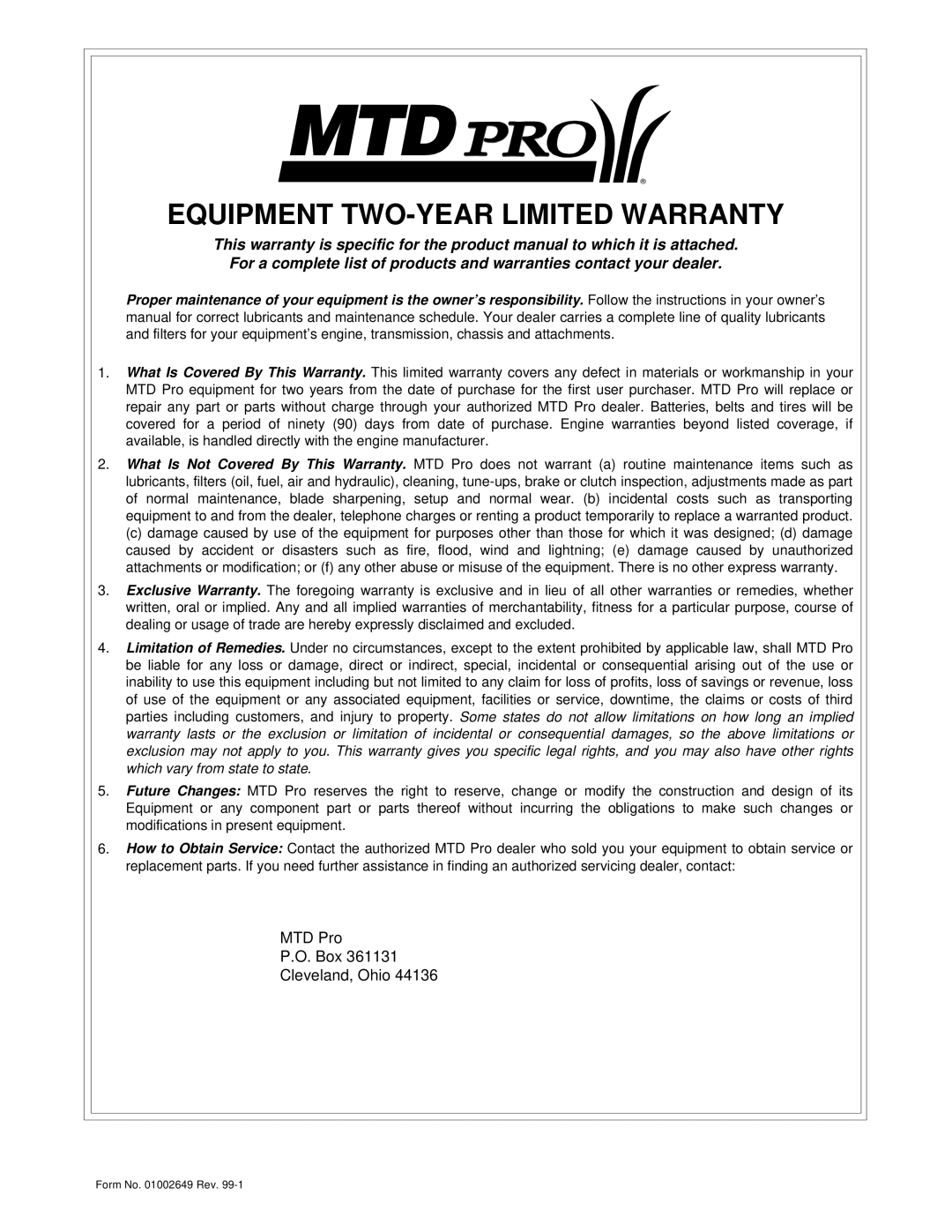 MTD DA528 operating instructions Equipment Two-Yearlimited Warranty, MTD Pro P.O. Box Cleveland, Ohio 