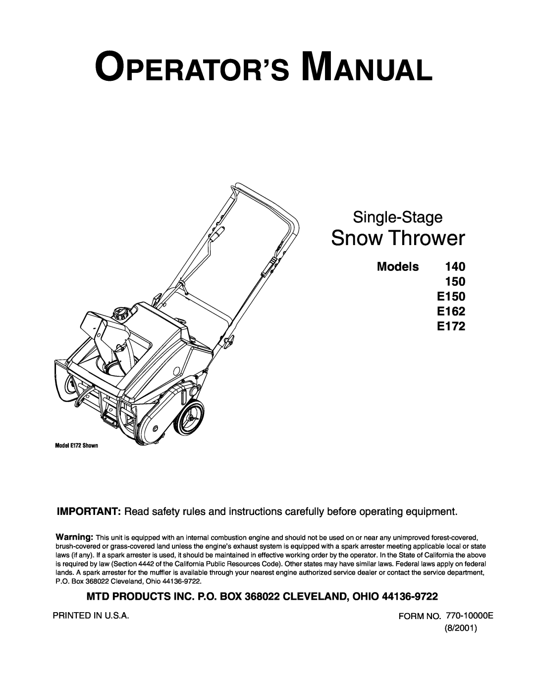 MTD manual Operator’S Manual, Snow Thrower, Single-Stage, Models 140 150 E150 E162 E172 